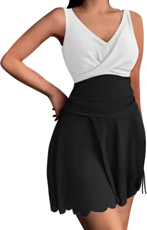One Piece Swimsuit for Women with Skirt Ruched V Neck Tummy Control Sexy Swimdress Backless Slimming Bathing Suit Swimwear