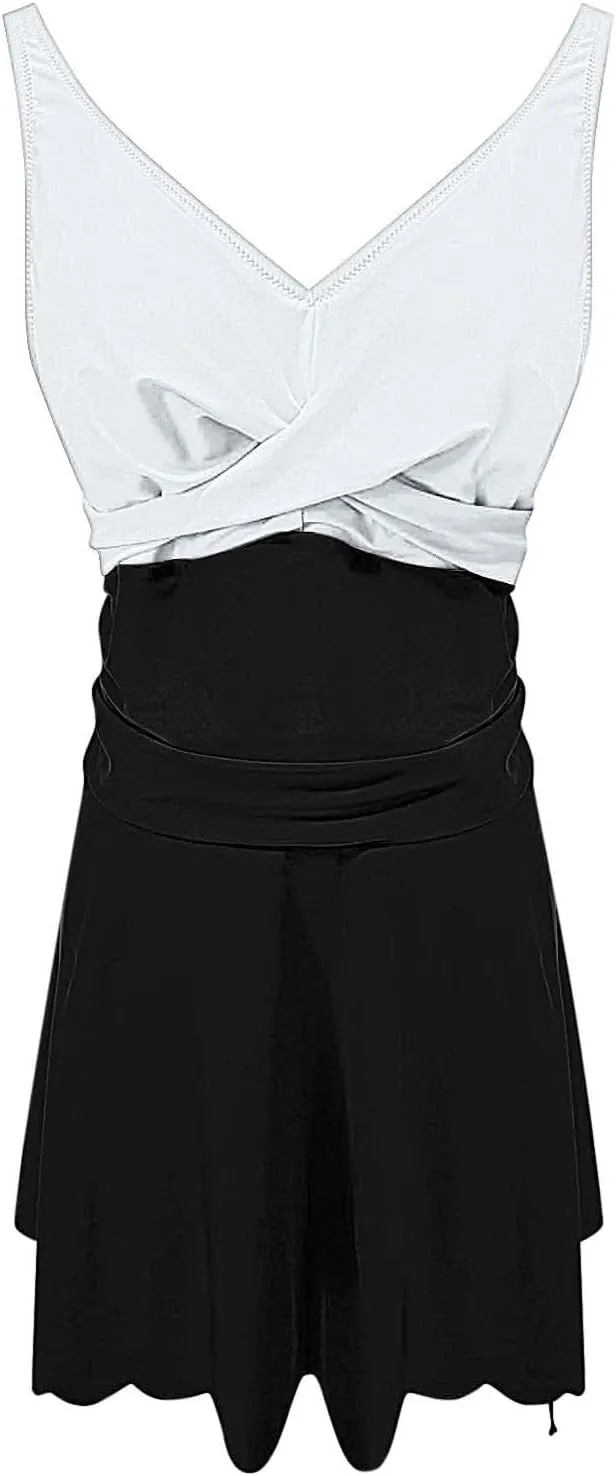 One Piece Swimsuit for Women with Skirt Ruched V Neck Tummy Control Sexy Swimdress Backless Slimming Bathing Suit Swimwear