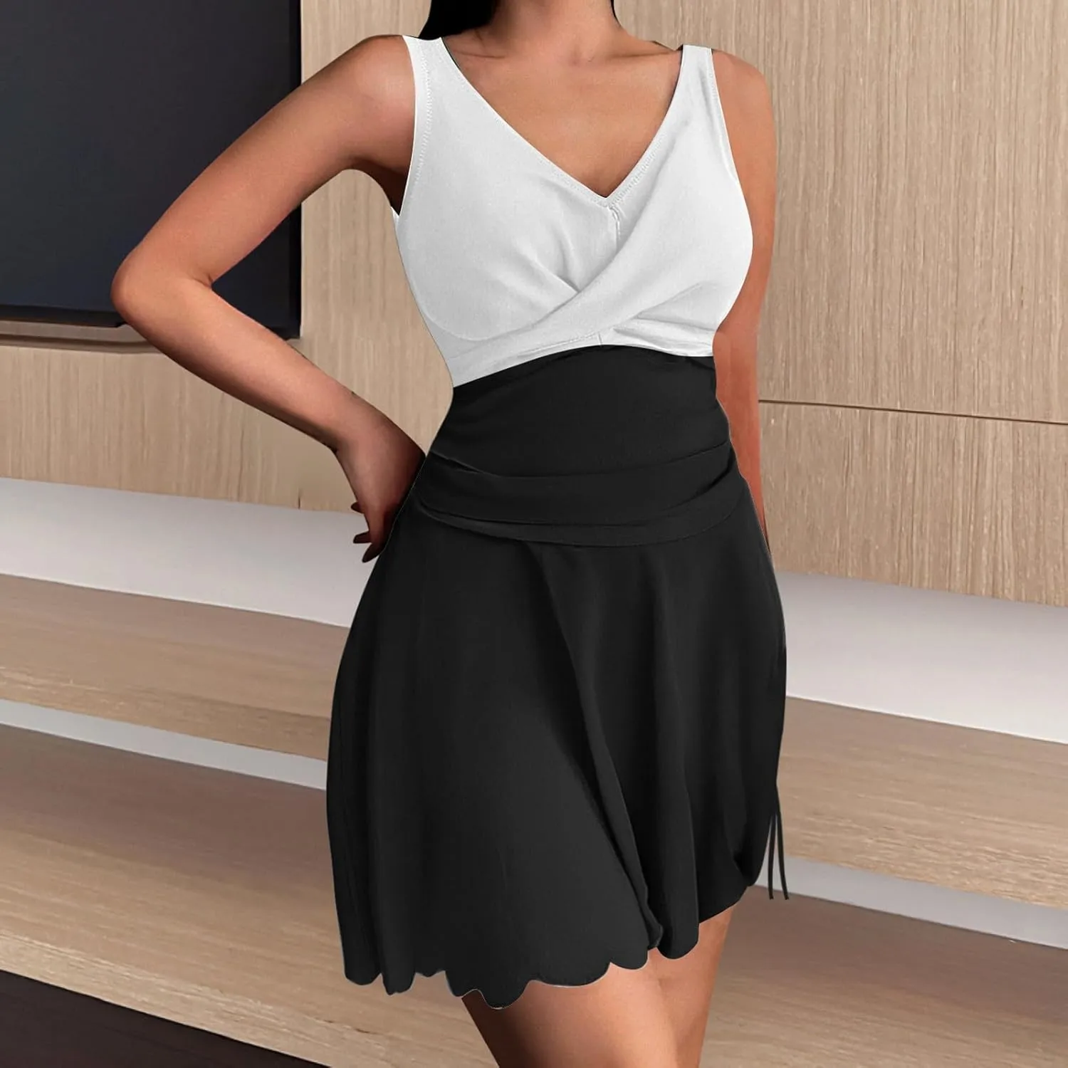 One Piece Swimsuit for Women with Skirt Ruched V Neck Tummy Control Sexy Swimdress Backless Slimming Bathing Suit Swimwear