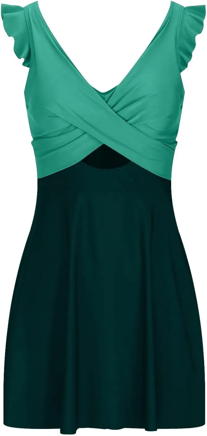 One Piece Swimsuit with Skirt Women Ruffle Colorblock Swimdress Front Cut Out Criss Cross Tummy Control Swimwear