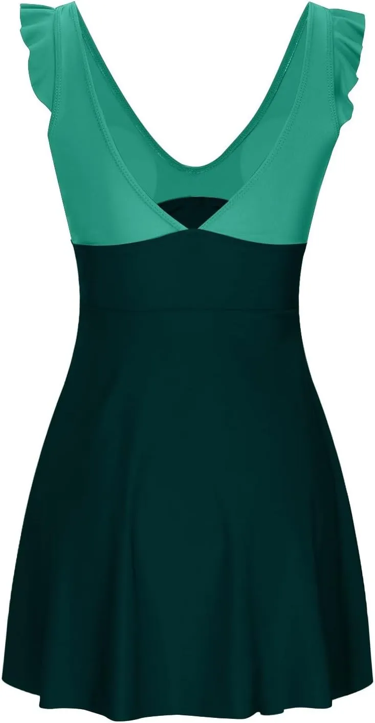 One Piece Swimsuit with Skirt Women Ruffle Colorblock Swimdress Front Cut Out Criss Cross Tummy Control Swimwear