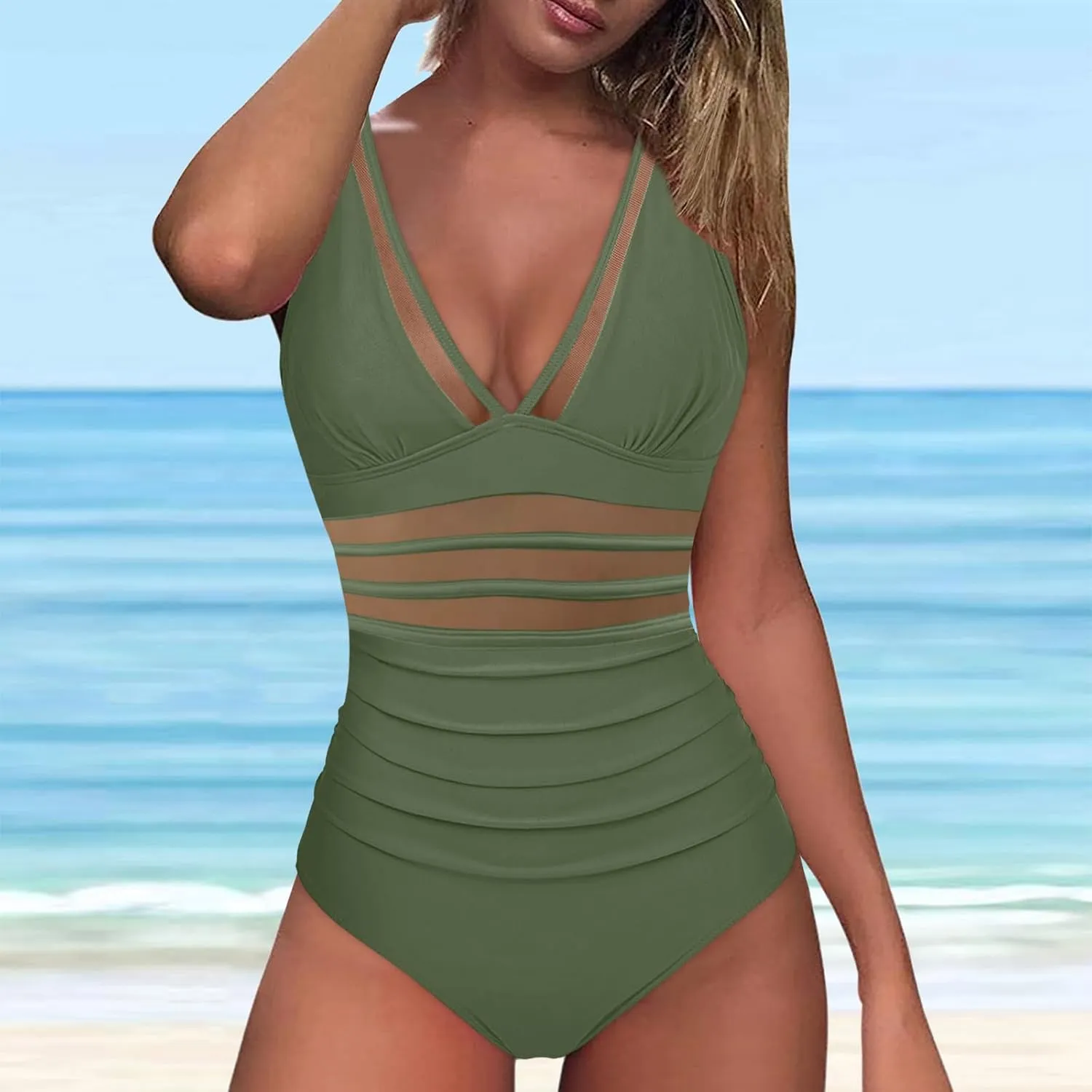 One Piece Swimsuit Womens Sexy Mesh One Piece Swimsuits Tummy Control Bathing Suit Push Up V Neck High Waist Swimwear