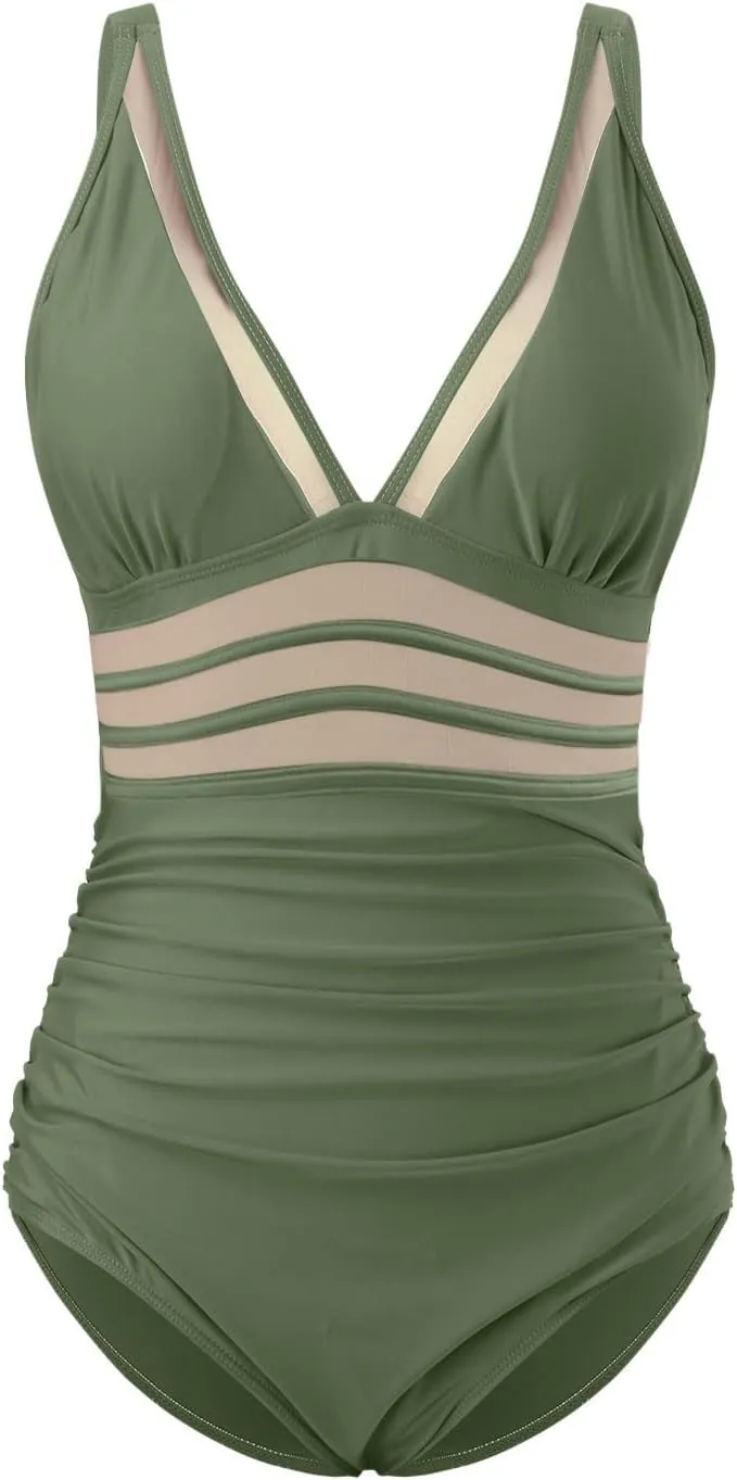 One Piece Swimsuit Womens Sexy Mesh One Piece Swimsuits Tummy Control Bathing Suit Push Up V Neck High Waist Swimwear