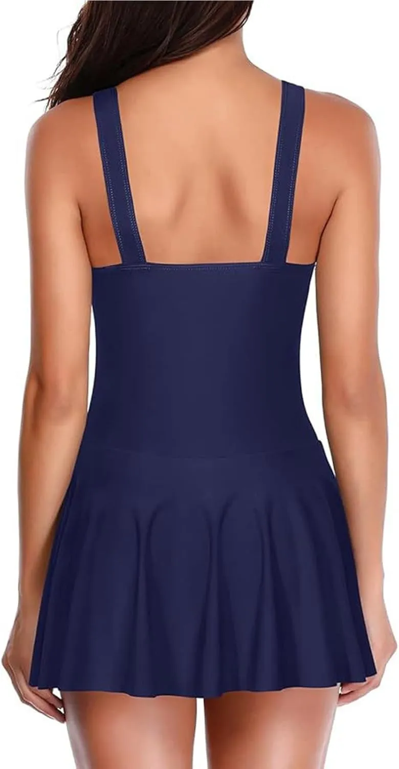One Piece Swimsuits for Women Modest Tummy Control Swimdress Vintage Bathing Suits Skirt Swimwear