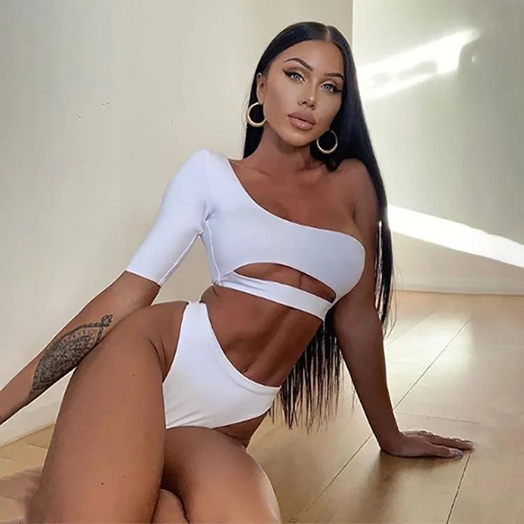 One Shoulder Half Sleeves Summer Beach Tankini
