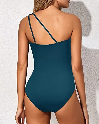 One Shoulder One Piece Swimsuit Modest Cut For Women-Teal