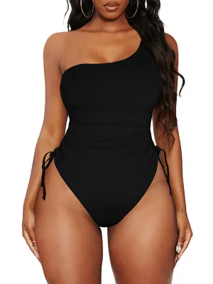 One Shoulder One Piece Swimsuits Ruched Drawstring Bathing Suits Swimwear