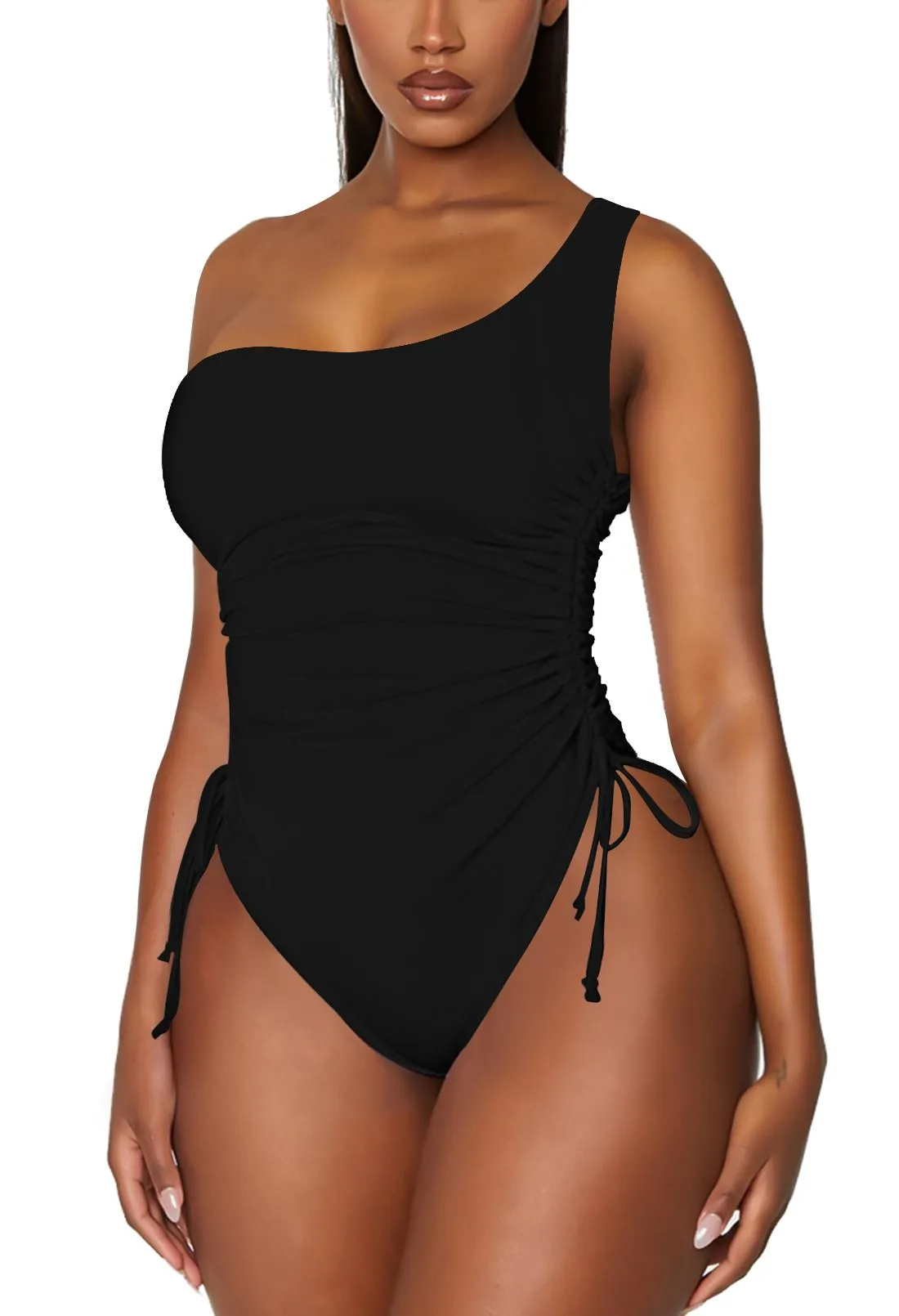 One Shoulder One Piece Swimsuits Ruched Drawstring Bathing Suits Swimwear