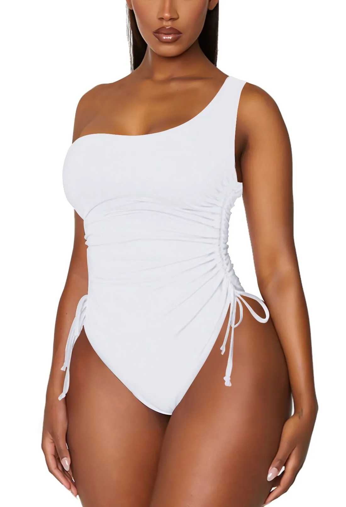 One Shoulder One Piece Swimsuits Ruched Drawstring Bathing Suits Swimwear