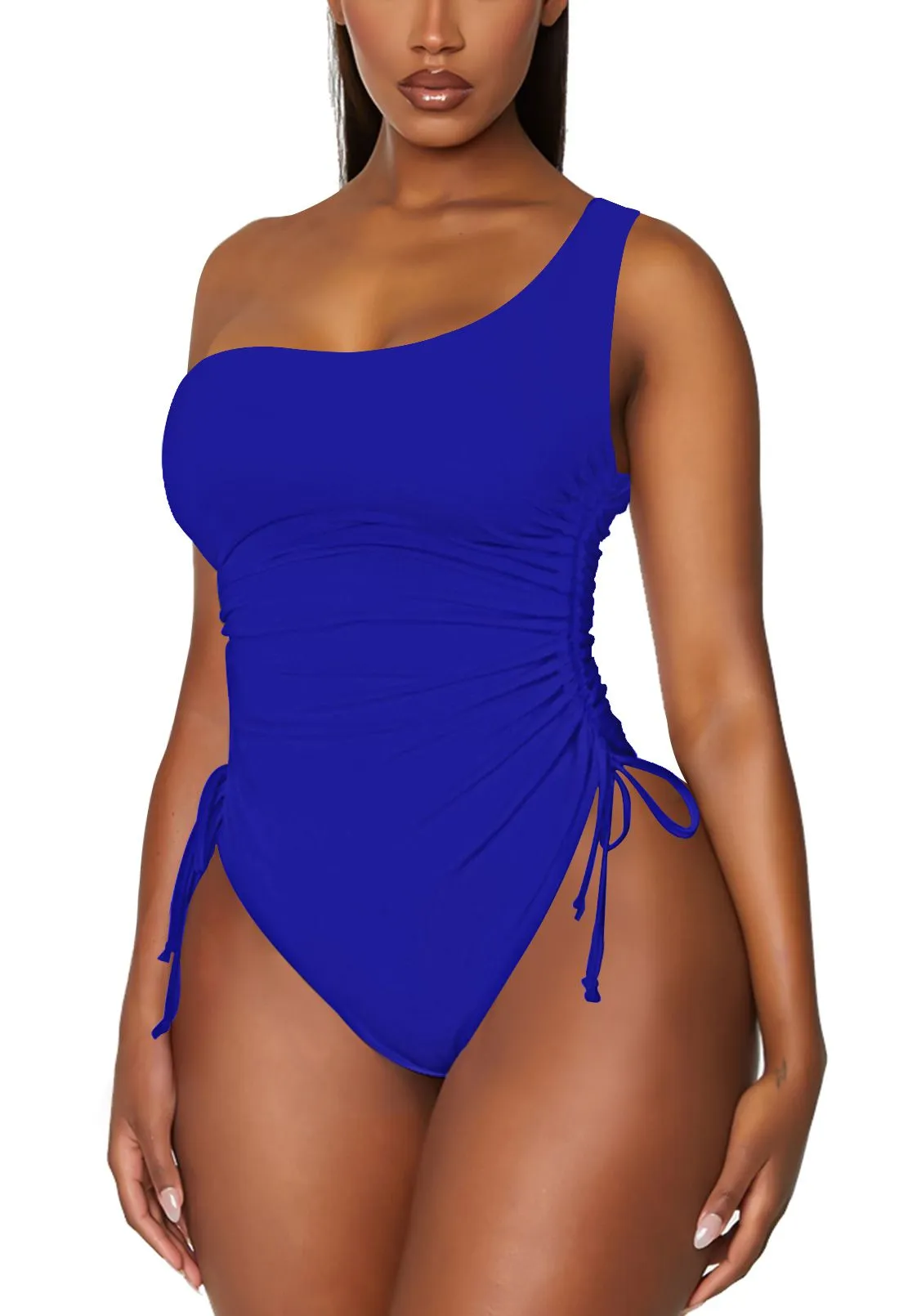 One Shoulder One Piece Swimsuits Ruched Drawstring Bathing Suits Swimwear