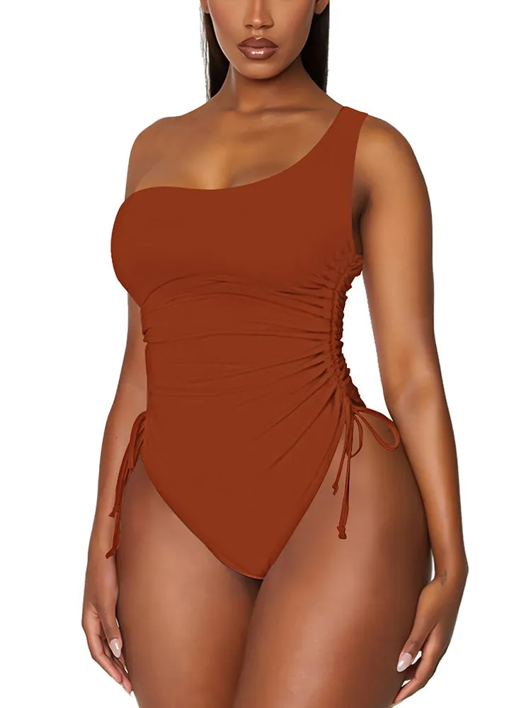 One Shoulder One Piece Swimsuits Ruched Drawstring Bathing Suits Swimwear