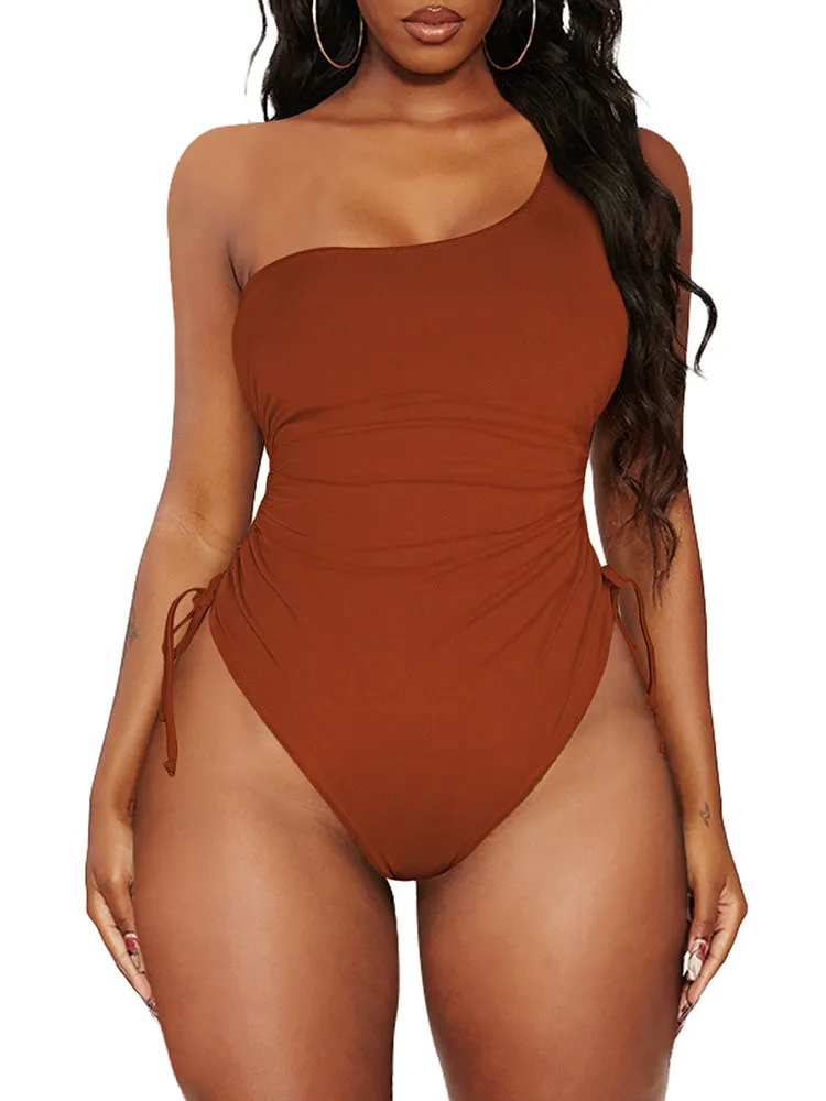 One Shoulder One Piece Swimsuits Ruched Drawstring Bathing Suits Swimwear