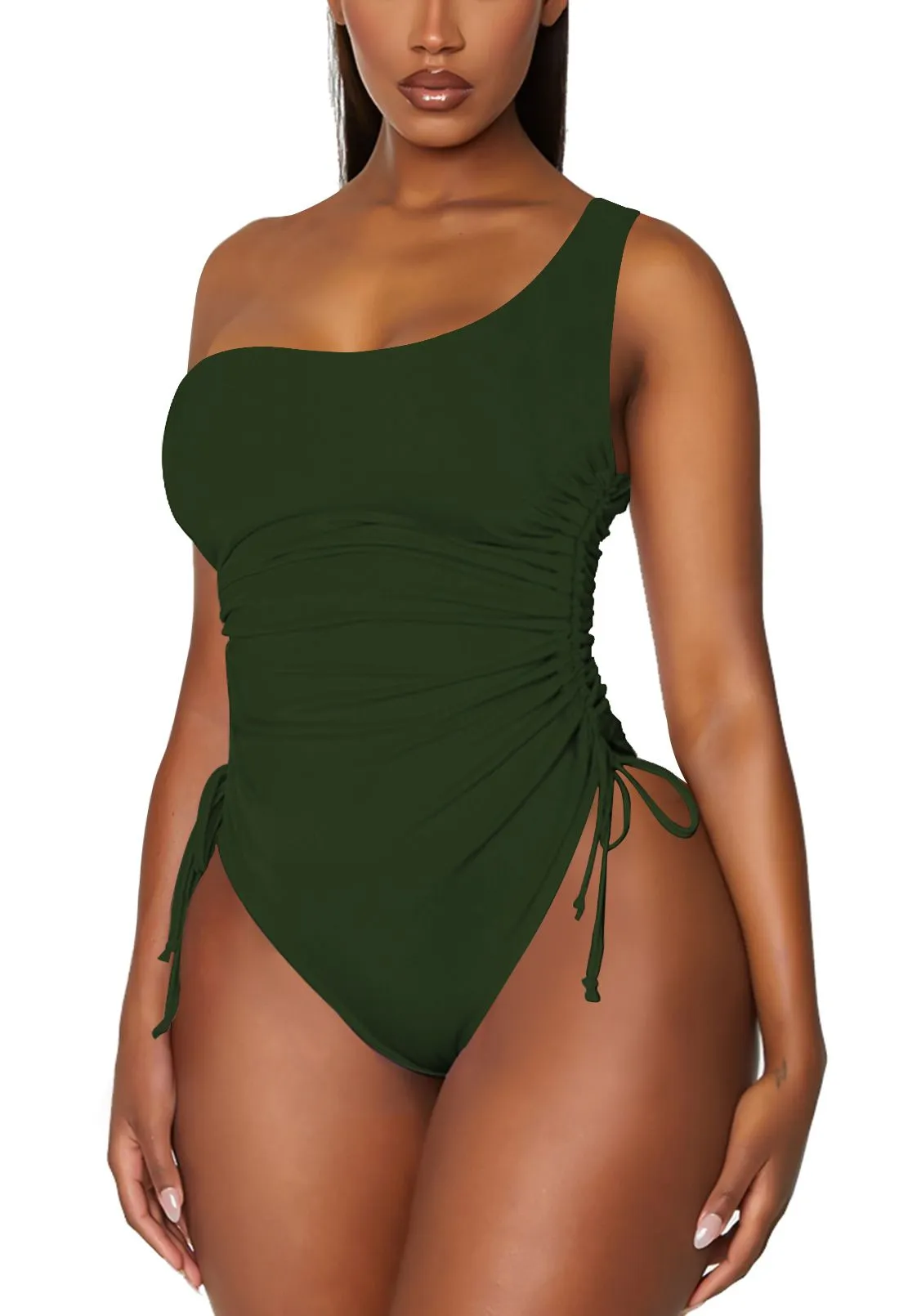 One Shoulder One Piece Swimsuits Ruched Drawstring Bathing Suits Swimwear