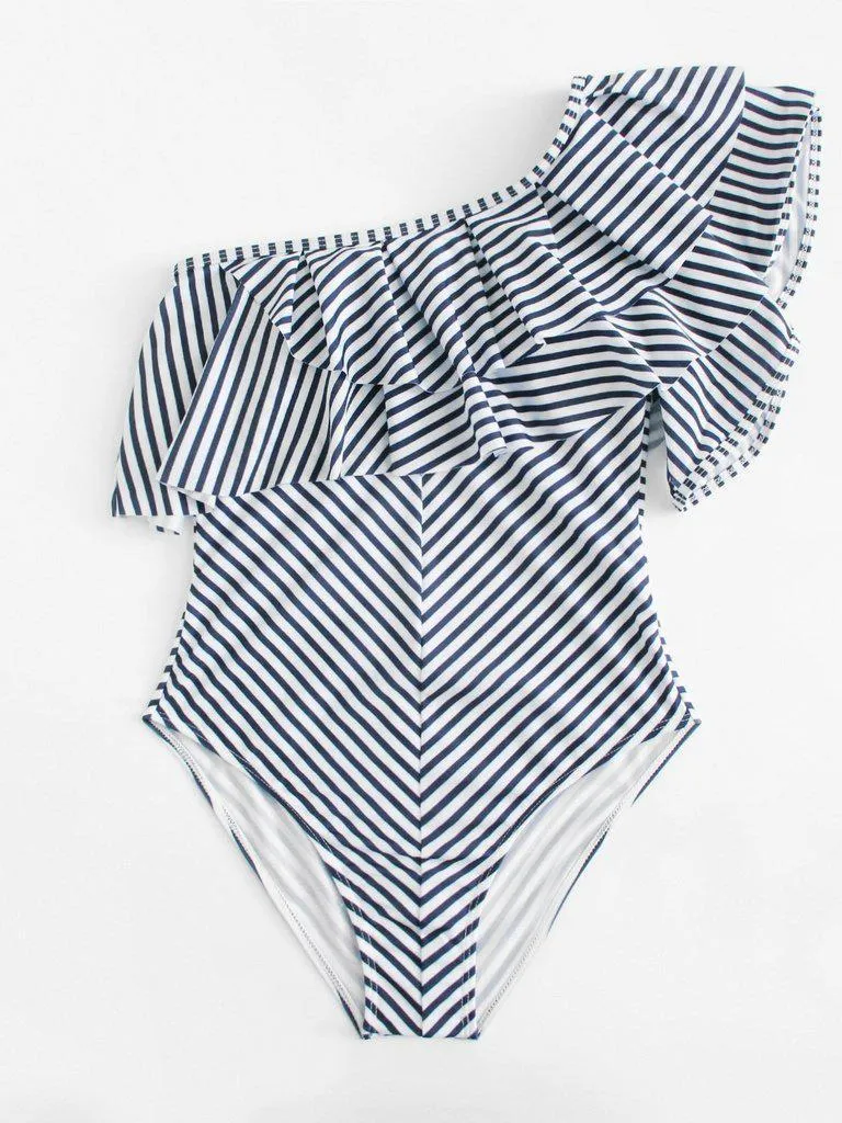 One Shoulder Ruffle Striped Swimsuit