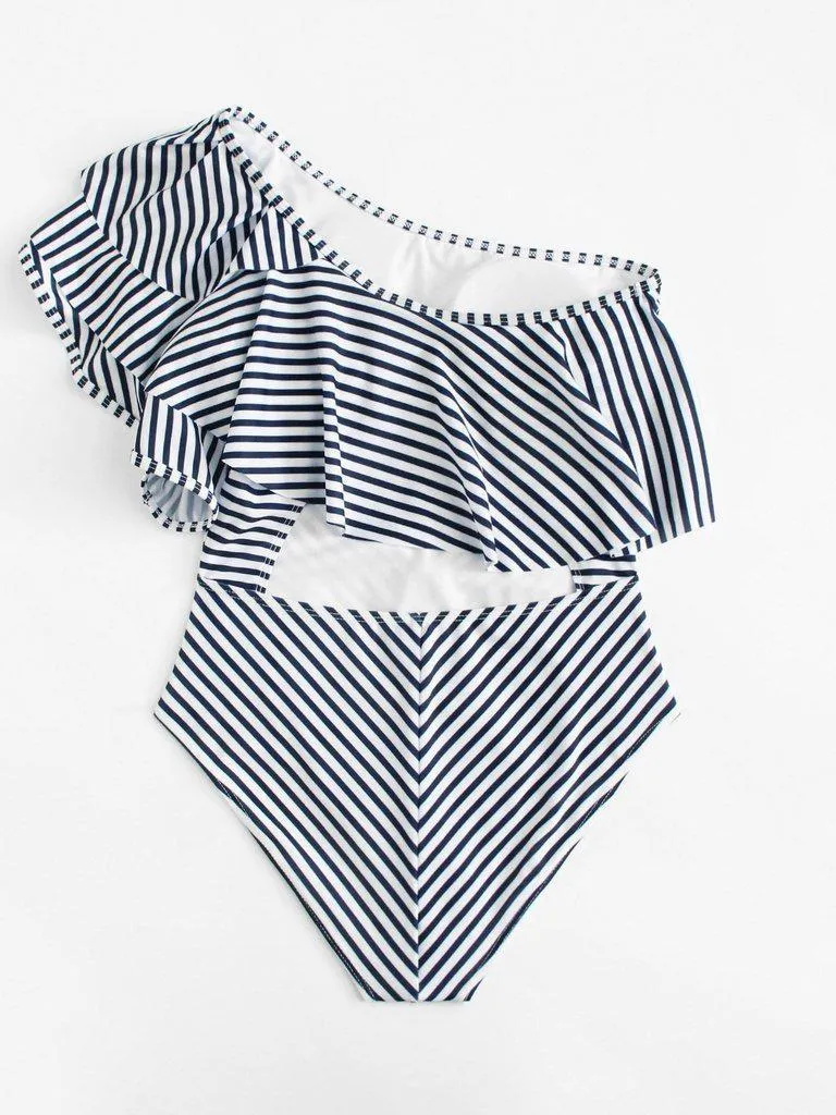 One Shoulder Ruffle Striped Swimsuit