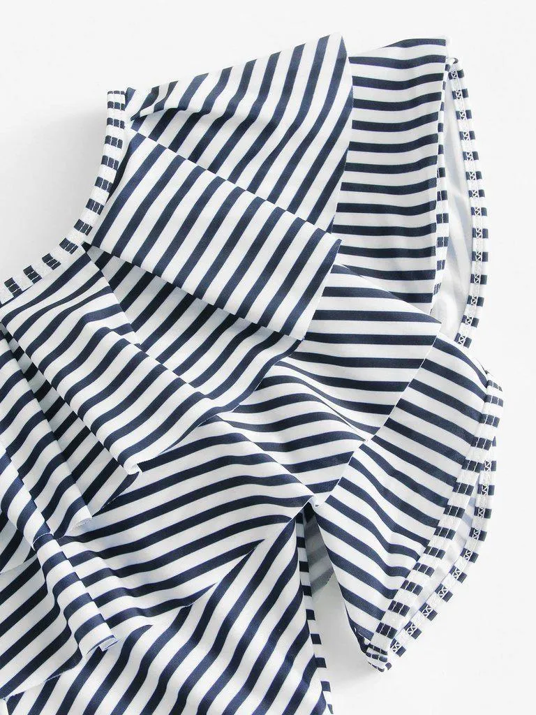 One Shoulder Ruffle Striped Swimsuit