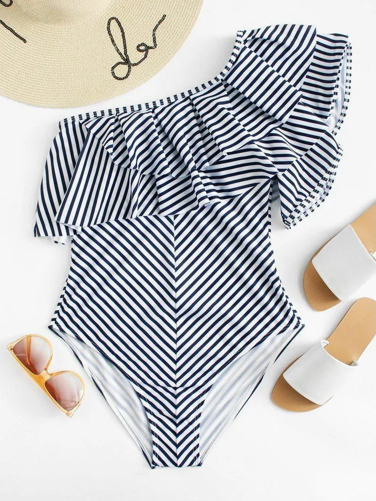 One Shoulder Ruffle Striped Swimsuit
