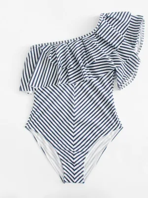 One Shoulder Ruffle Striped Swimsuit