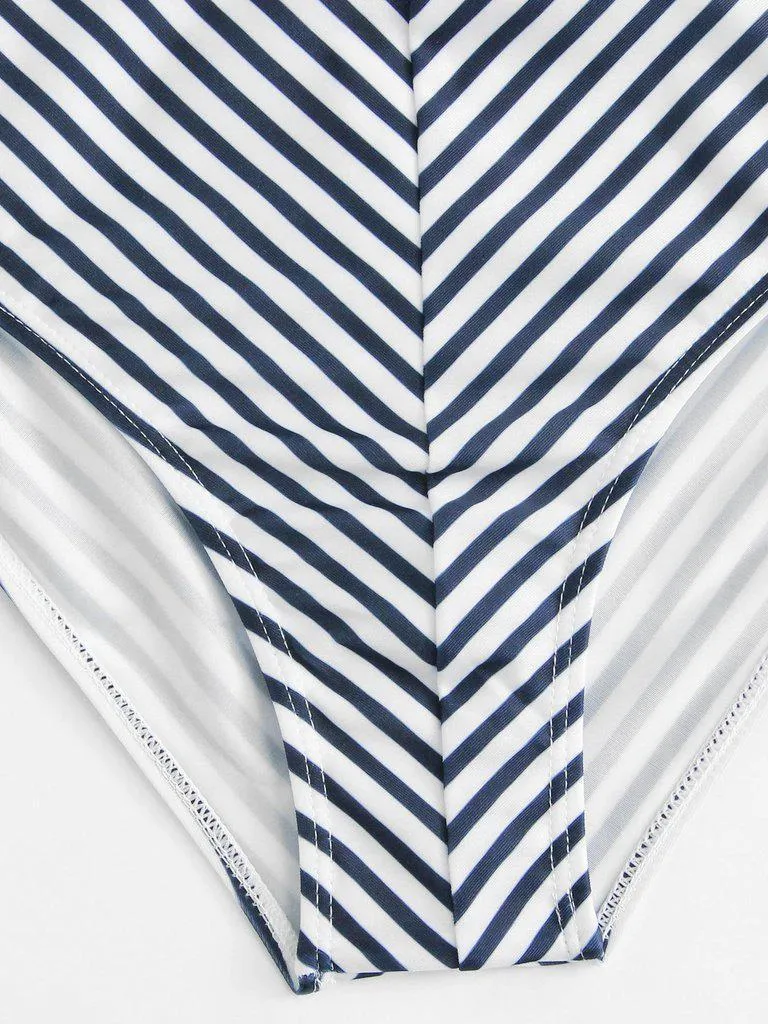 One Shoulder Ruffle Striped Swimsuit