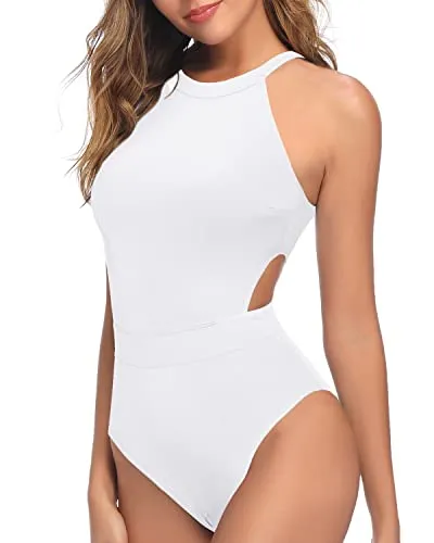 Open Back High Neck One Piece Swimsuits For Women Tummy Control Cutout Bathing Suits-White