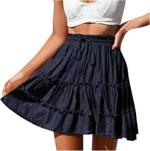 Oplxuo Skirts for Women Boho Summer A-Line Pleated Skirt Casual Elastic High Waist Tiered Ruffle Flowy Cute Mini Skirt