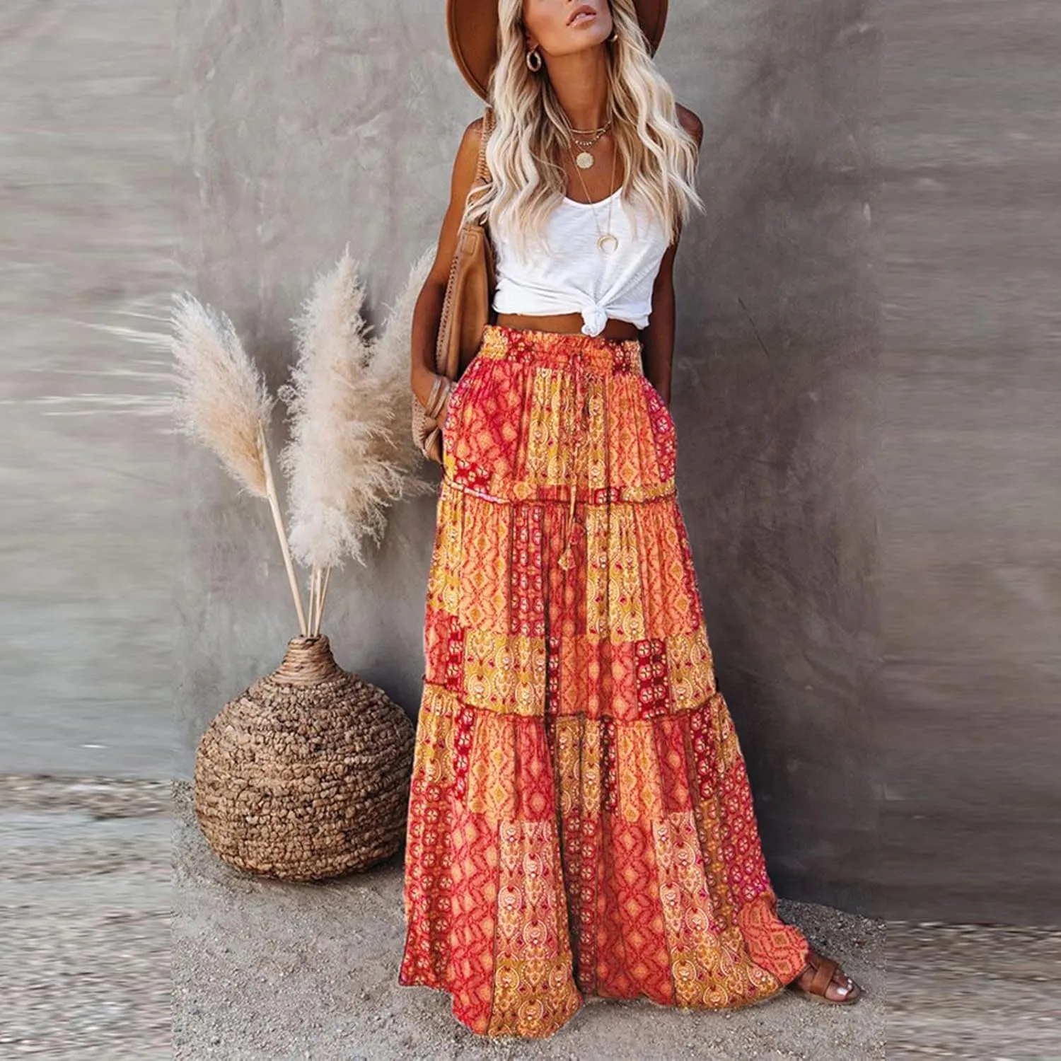 Oplxuo Women's Boho Maxi Skirt Paisley Print Summer Beach Long Skirts Tiered A-line Swing High Waist Flare Flowy Skirt