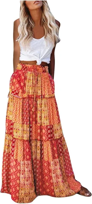 Oplxuo Women's Boho Maxi Skirt Paisley Print Summer Beach Long Skirts Tiered A-line Swing High Waist Flare Flowy Skirt
