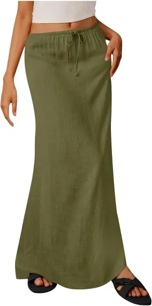 Oplxuo Womens Maxi Skirt Casual Elastic High Waist Drawstring Long Skirts Summer Casual Solid Color Flowy Beach Skirt