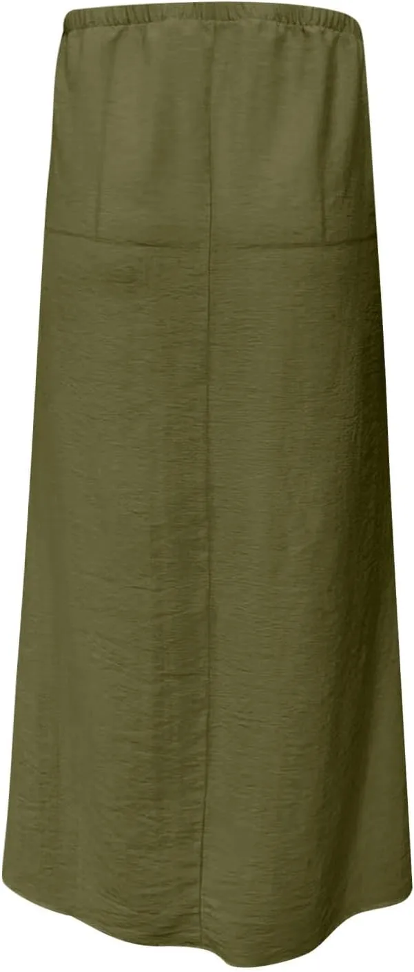 Oplxuo Womens Maxi Skirt Casual Elastic High Waist Drawstring Long Skirts Summer Casual Solid Color Flowy Beach Skirt