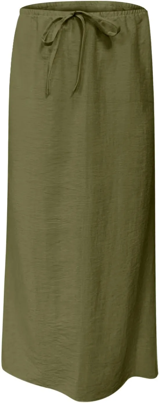 Oplxuo Womens Maxi Skirt Casual Elastic High Waist Drawstring Long Skirts Summer Casual Solid Color Flowy Beach Skirt