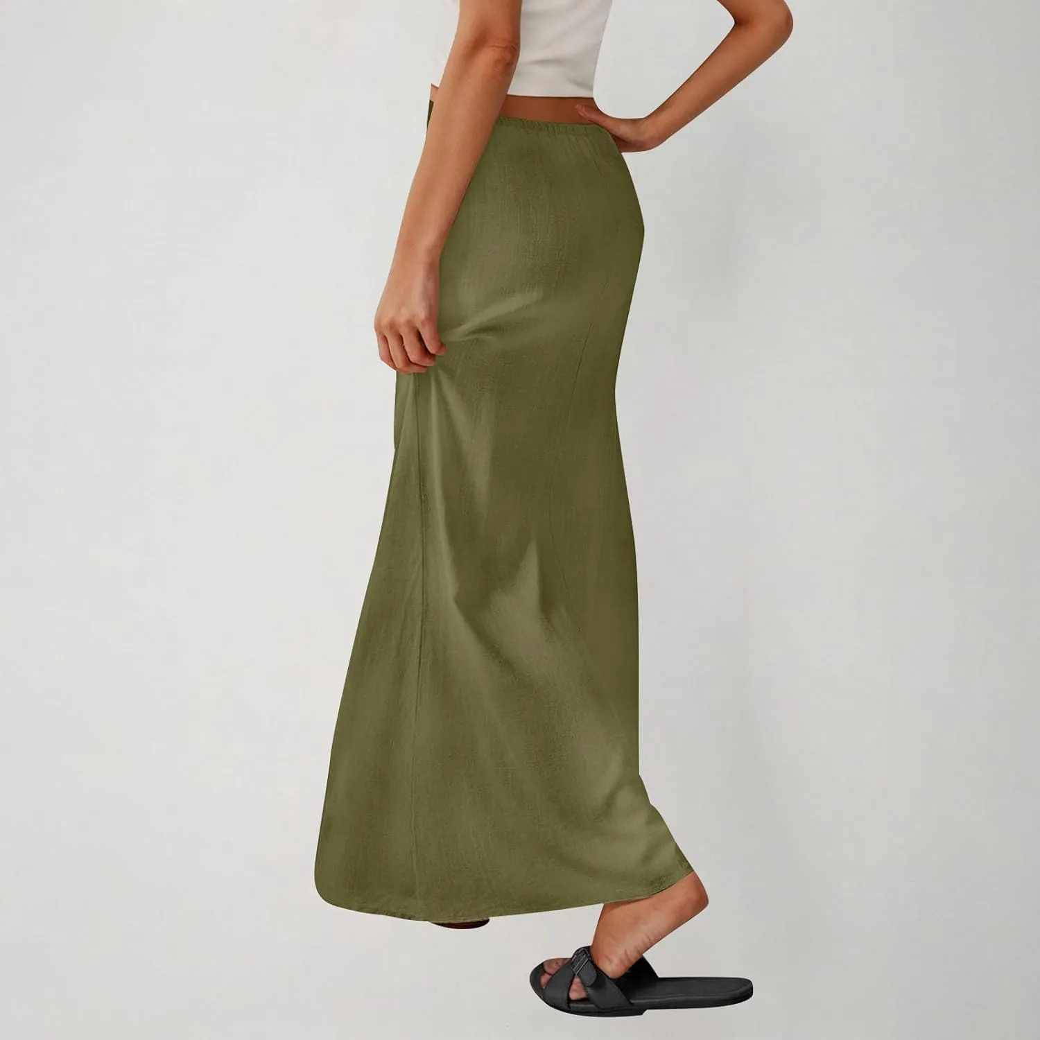 Oplxuo Womens Maxi Skirt Casual Elastic High Waist Drawstring Long Skirts Summer Casual Solid Color Flowy Beach Skirt