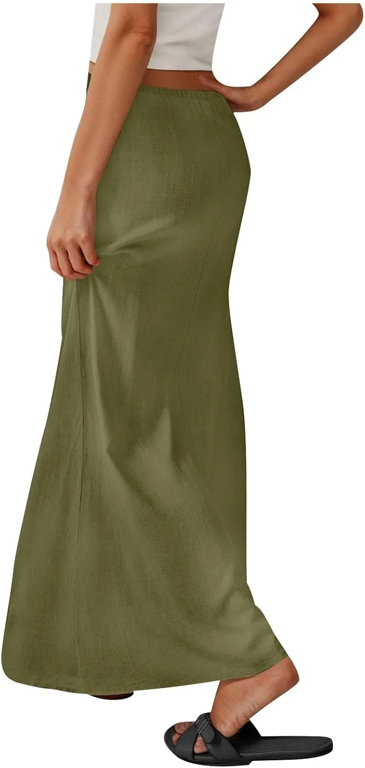 Oplxuo Womens Maxi Skirt Casual Elastic High Waist Drawstring Long Skirts Summer Casual Solid Color Flowy Beach Skirt