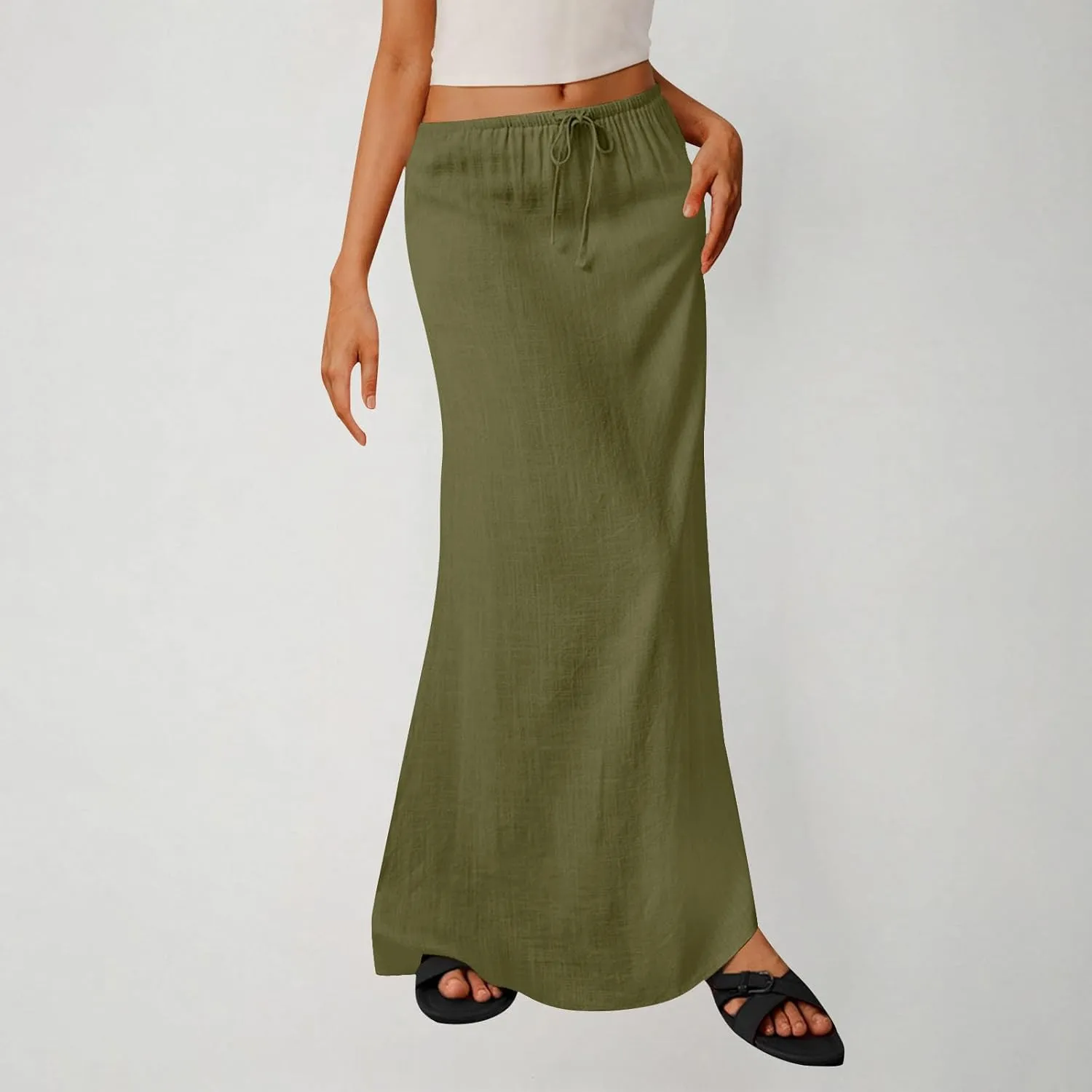 Oplxuo Womens Maxi Skirt Casual Elastic High Waist Drawstring Long Skirts Summer Casual Solid Color Flowy Beach Skirt