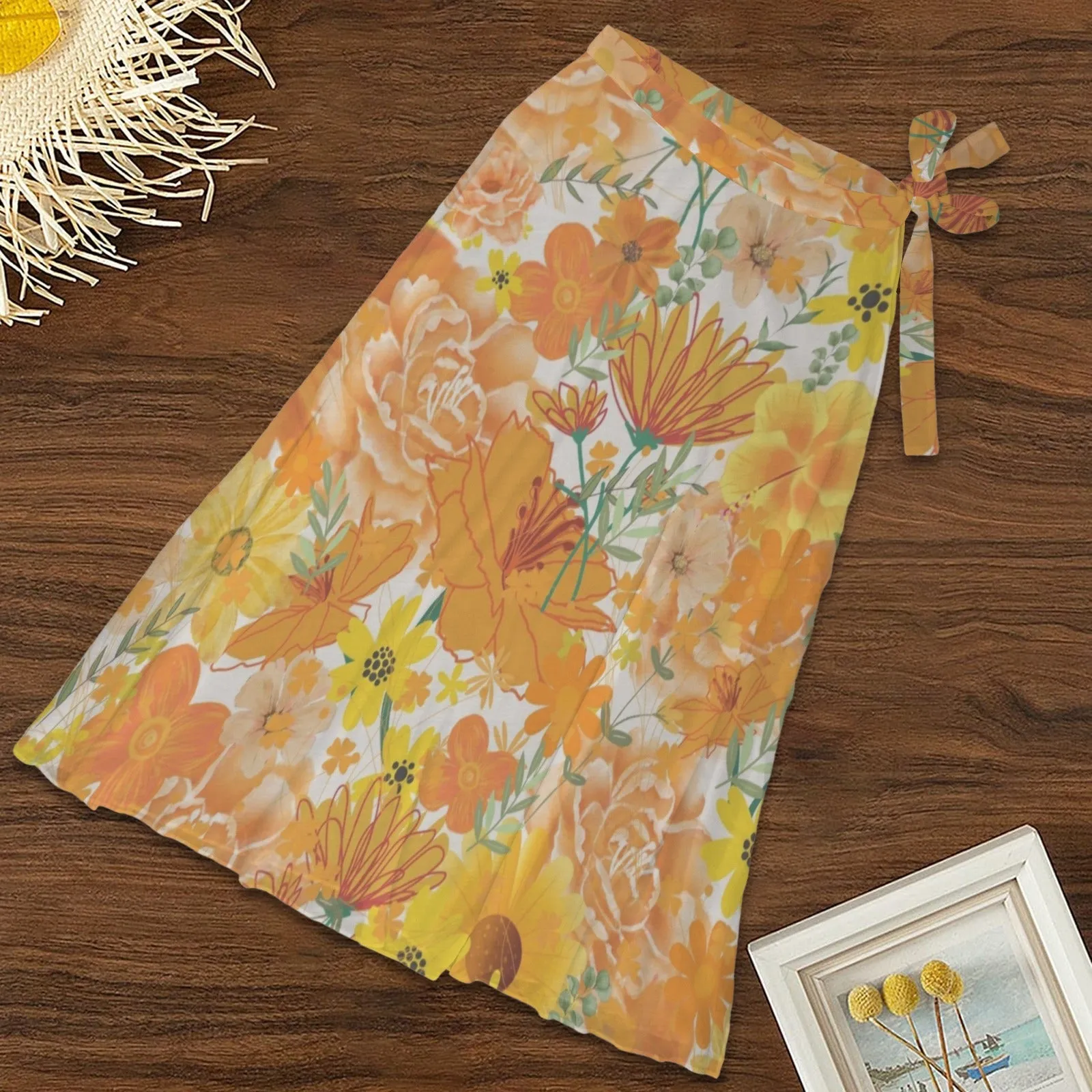 Orange & Yellow Floral White Semi Sheer Coverup up to 5 XL