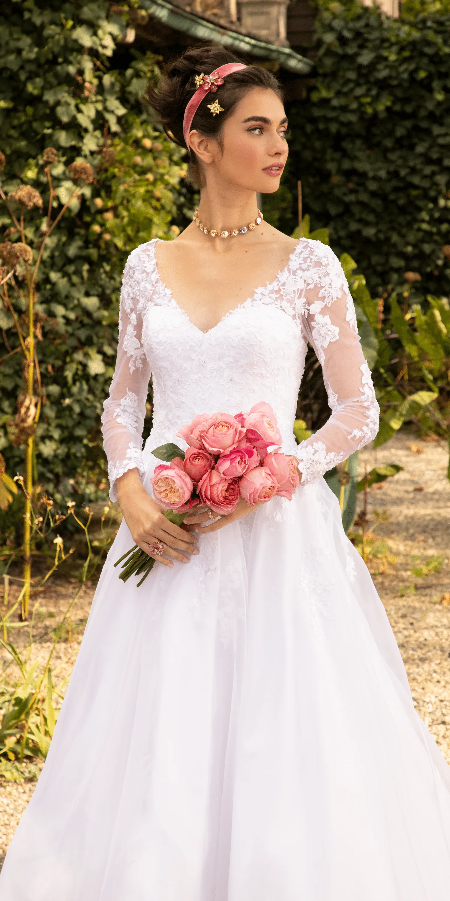 Organza V Neck Long Sleeve Lace Up Back Ballgown with Embellished Appliques