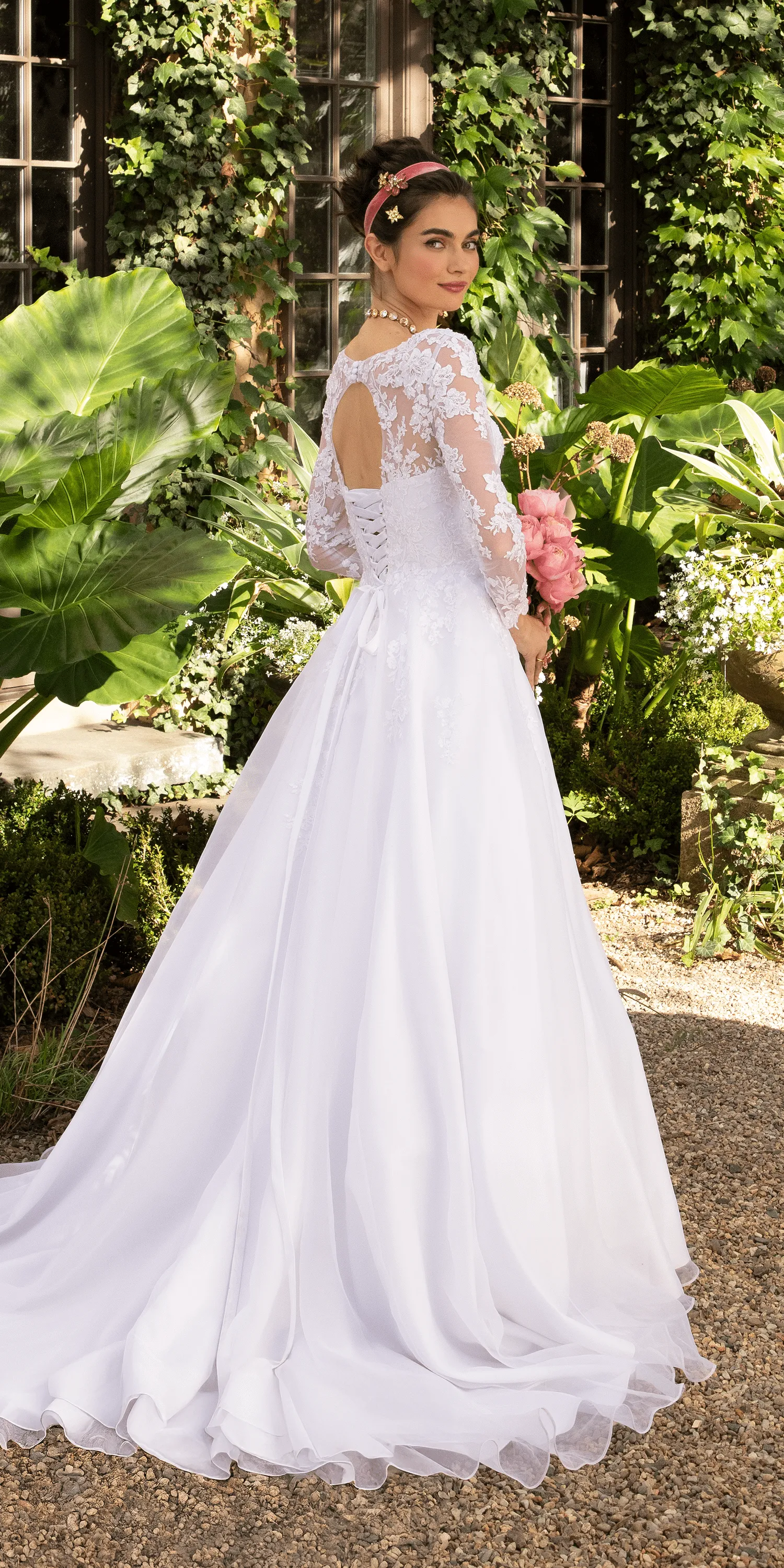 Organza V Neck Long Sleeve Lace Up Back Ballgown with Embellished Appliques