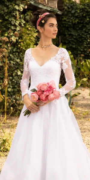 Organza V Neck Long Sleeve Lace Up Back Ballgown with Embellished Appliques
