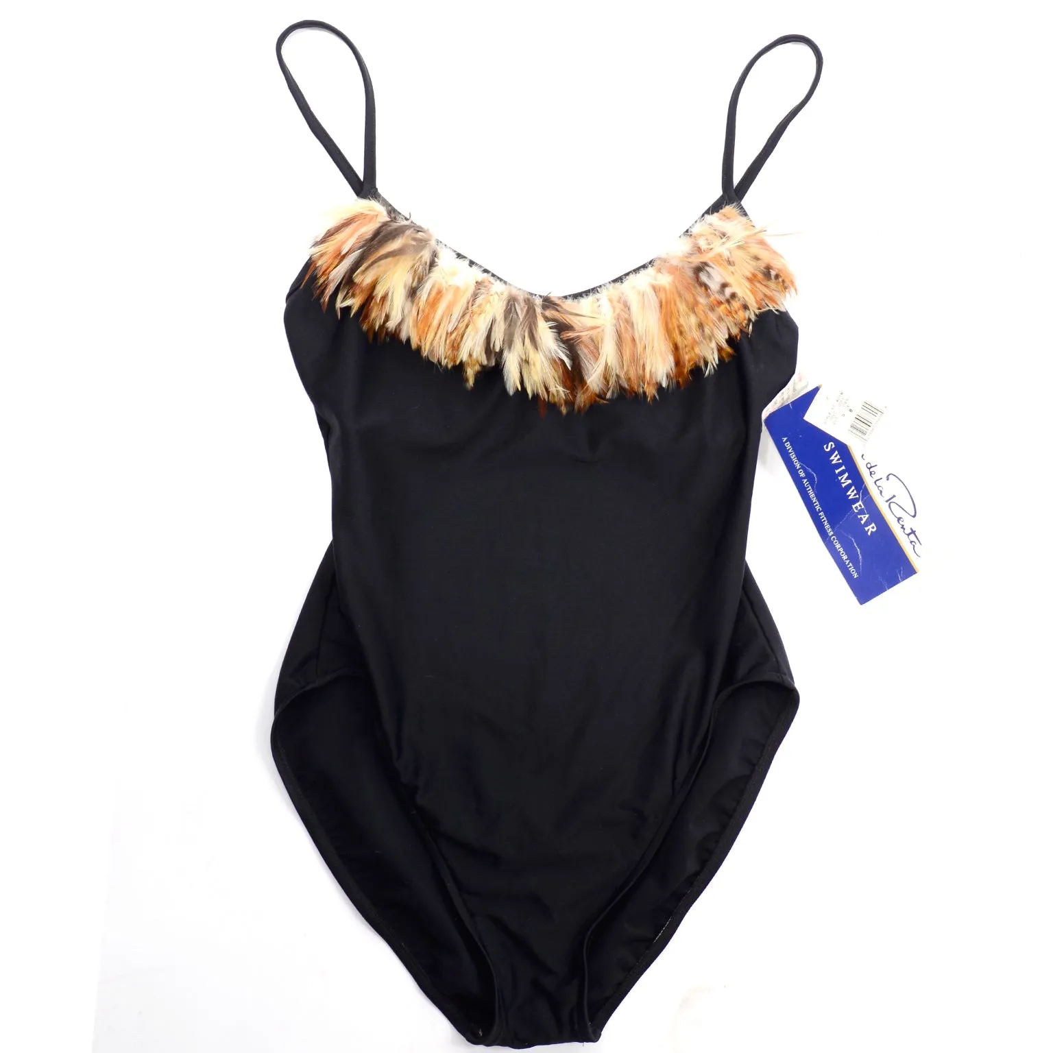 Oscar de la Renta Vintage Black Swimsuit w Feathers Deadstock w Tags