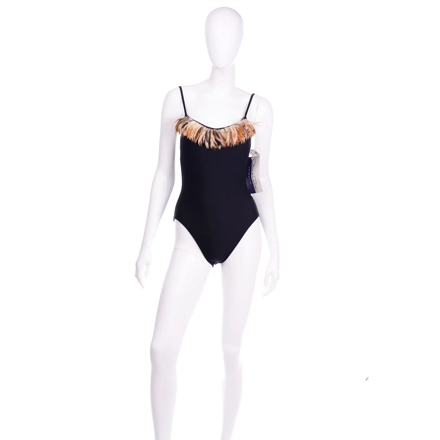 Oscar de la Renta Vintage Black Swimsuit w Feathers Deadstock w Tags
