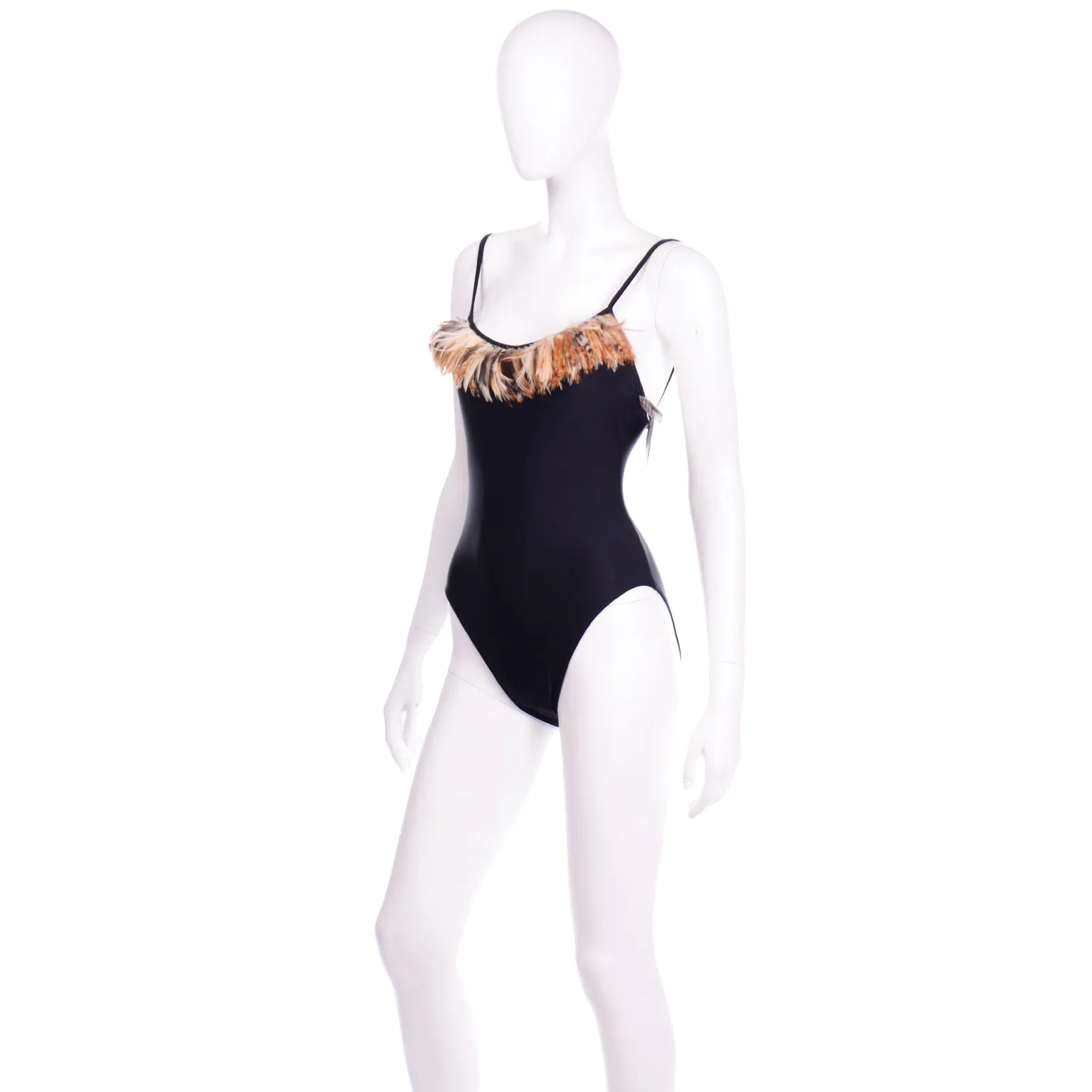Oscar de la Renta Vintage Black Swimsuit w Feathers Deadstock w Tags