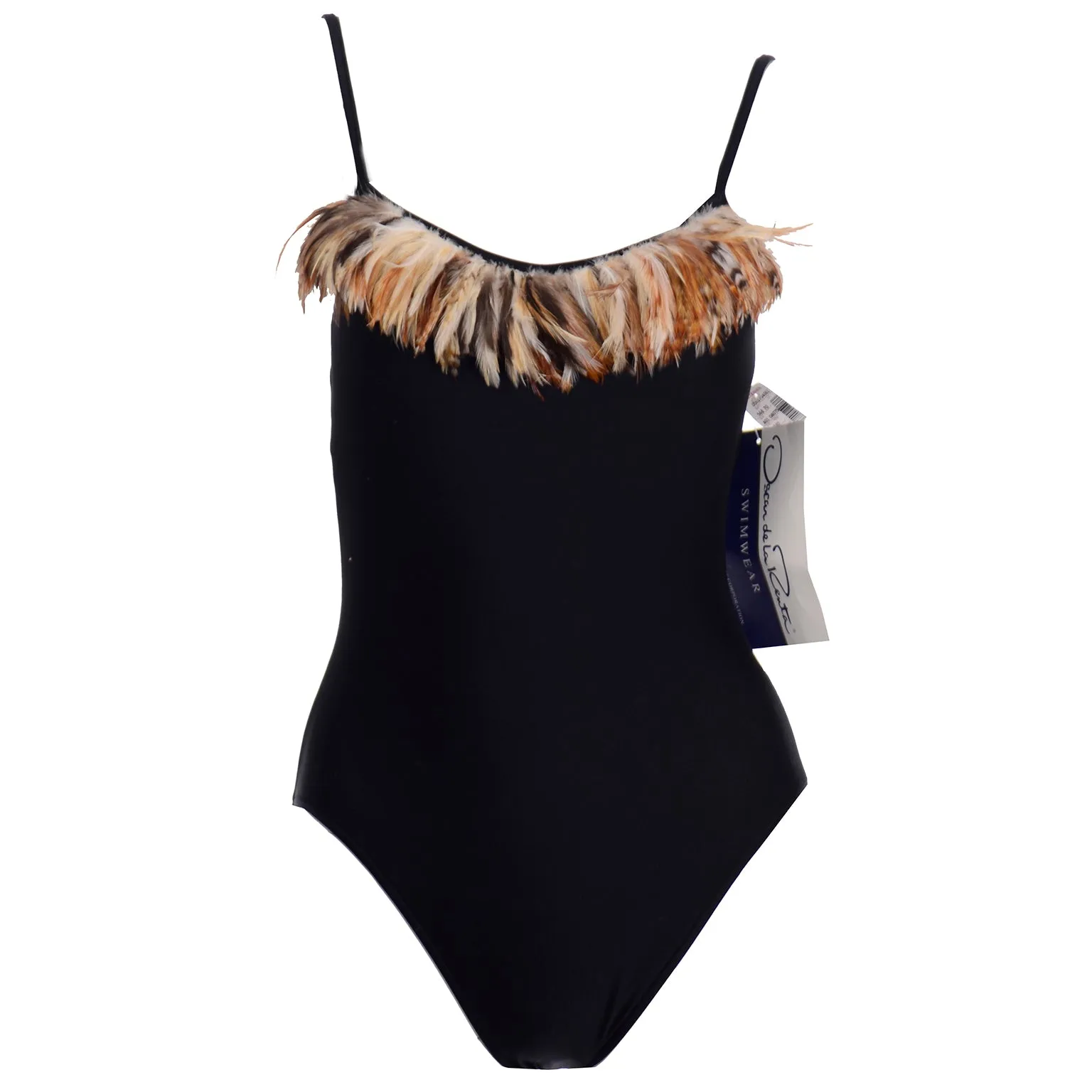 Oscar de la Renta Vintage Black Swimsuit w Feathers Deadstock w Tags