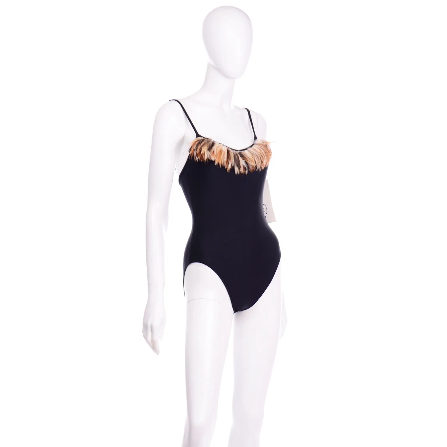 Oscar de la Renta Vintage Black Swimsuit w Feathers Deadstock w Tags