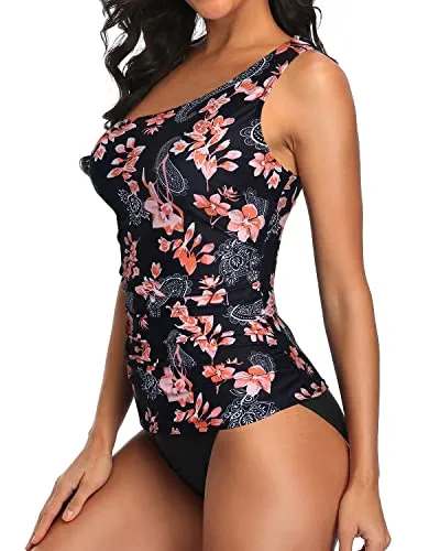 Padded Bra One Shoulder Tankini Top Bikini Bottoms-Black Pink Flower