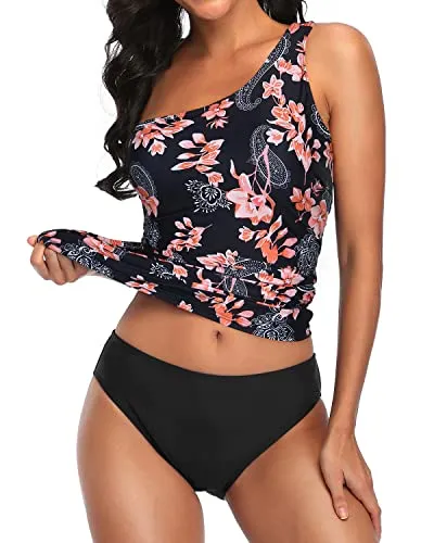 Padded Bra One Shoulder Tankini Top Bikini Bottoms-Black Pink Flower