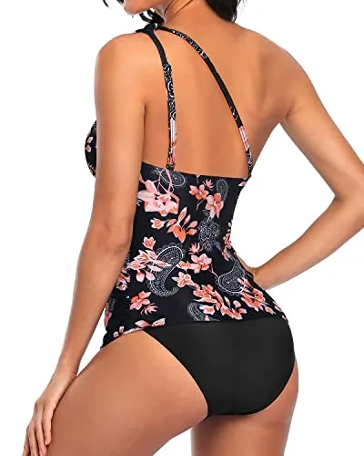 Padded Bra One Shoulder Tankini Top Bikini Bottoms-Black Pink Flower