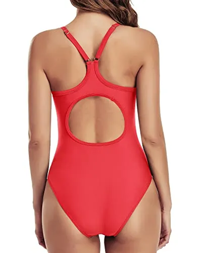 Padded Bra Support V-Back One Piece Swimsuits For Women-Orange Red