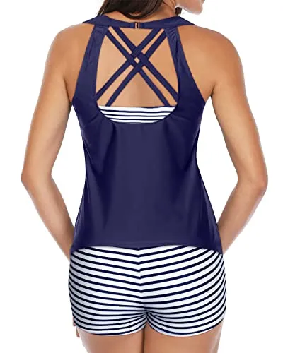 Padded Push Up Bra High Neck Swimwear Shorts-Blue White Stripe