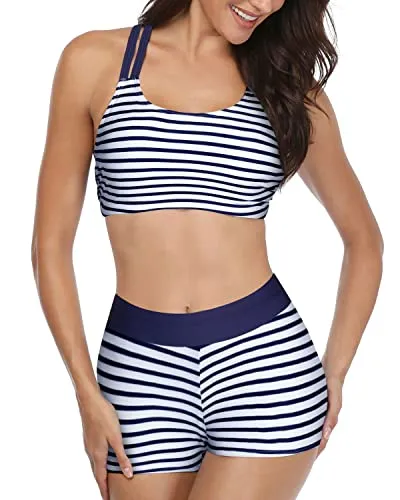 Padded Push Up Bra High Neck Swimwear Shorts-Blue White Stripe