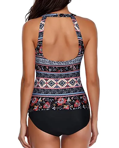 Padded Push Up Bra Long Torso Tankini Set For Women-Black Tribal