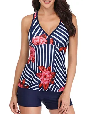 Padded Push Up Two Piece Tankini & Boyshort-Blue Floral